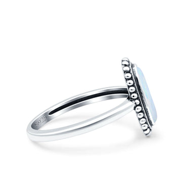 Vintage Style Oval Lab Opal Ring Solid Oxidized Lab Created White Opal 925 Sterling Silver